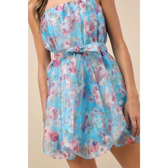 Lulus Bountiful Poise Blue Floral Organza Bubble-hem Mini Dress - Size L - Picture 5 of 5